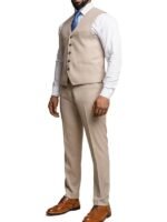Beige Notch Lapel Three Piece Suit For Mens