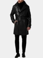 Black Belted Leather Trench Coat For Men