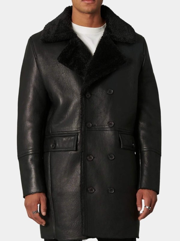 Black Leather Double Breasted Shearling Trench Coat Black Leather Double Breasted Shearling Trench Coat