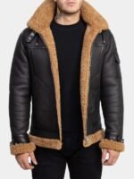 Black Leather Shearling Hooded Aviator Jacket