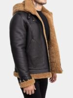 Black Leather Shearling Hooded Aviator Jacket For Men
