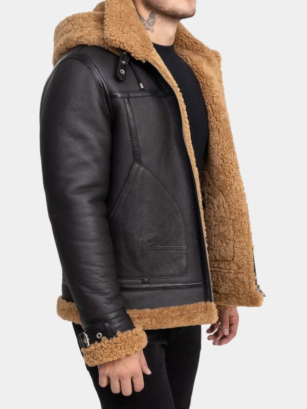 Black Leather Shearling Hooded Aviator Jacket For Men Black Leather Shearling Hooded Aviator Jacket For Men