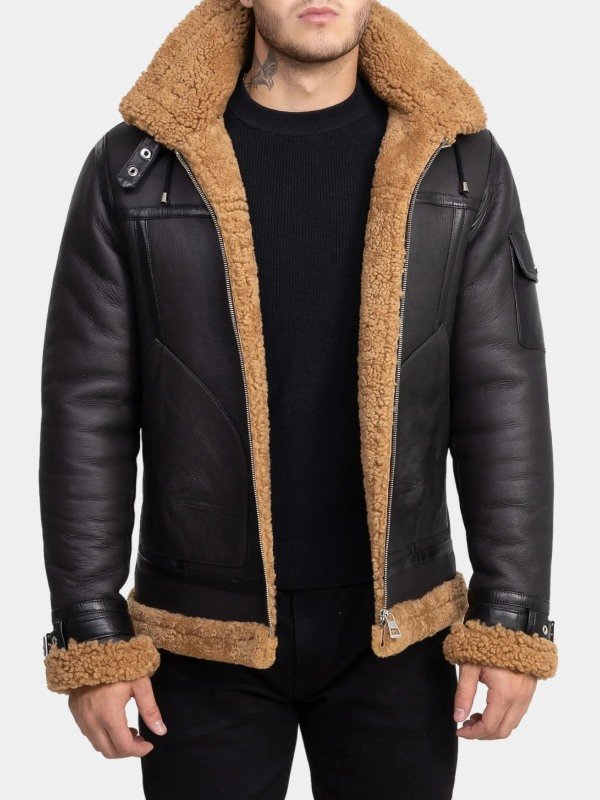 Black Leather Shearling Hooded Aviator Jacket Black Leather Shearling Hooded Aviator Jacket