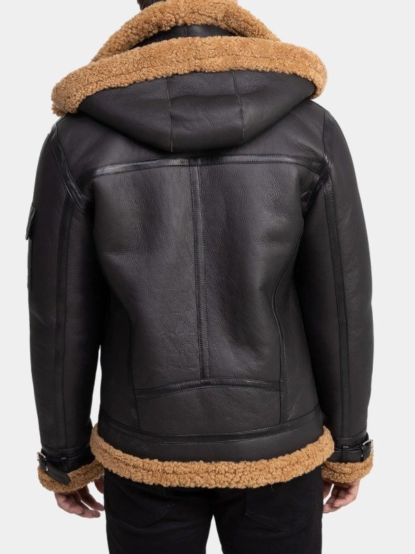 Black Leather Shearling Hooded Jacket Black Leather Shearling Hooded Jacket