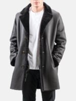 Black Leather Shearling Trench Coat For Men