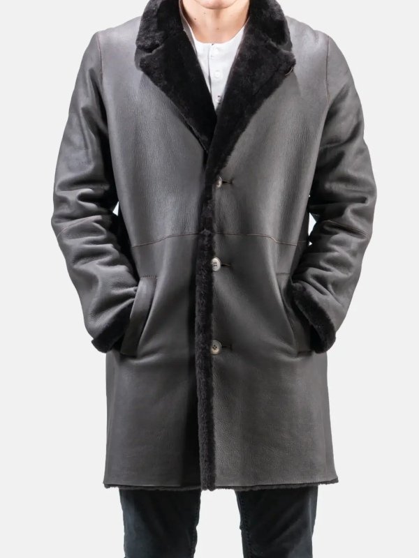 Black Leather Shearling Trench Coat