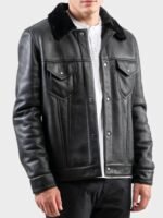 Black Leather Shearling Trucker Jacket