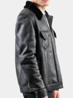 Black Leather Shearling Trucker Jacket For Men