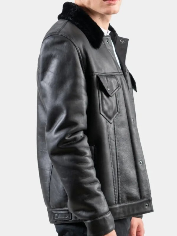 Black Leather Shearling Trucker Jacket For Men Black Leather Shearling Trucker Jacket For Men