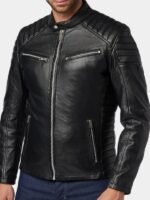 Black Padded Shoulder Leather Cafe Racer Jacket