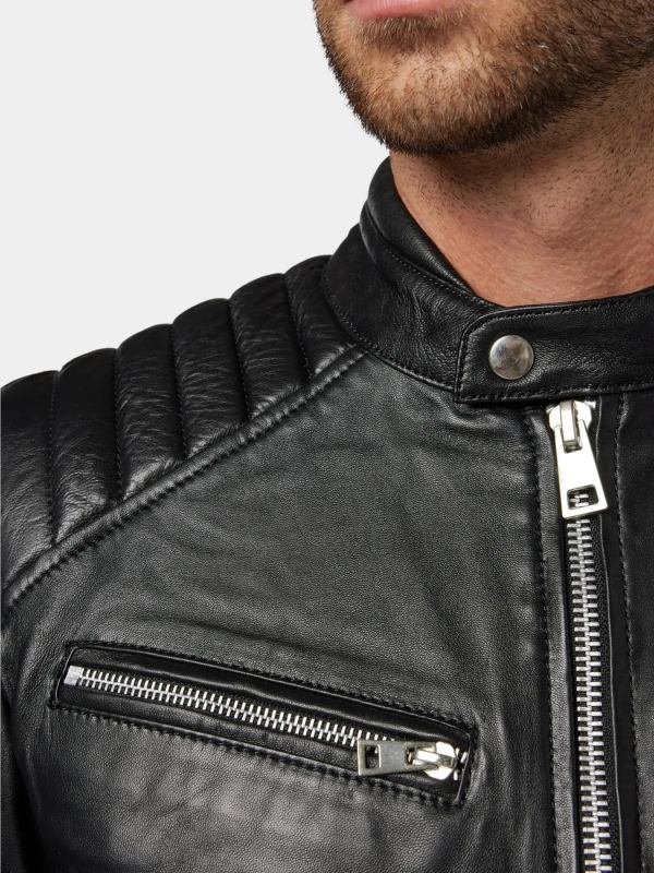 Black Padded Shoulder Leather Cafe Racer Jacket For Men Black Padded Shoulder Leather Cafe Racer Jacket For Men