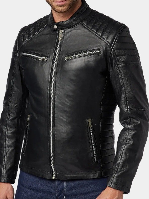 Black Padded Shoulder Leather Cafe Racer Jacket