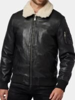 Black Shearling Collar Leather Bomber Jacket