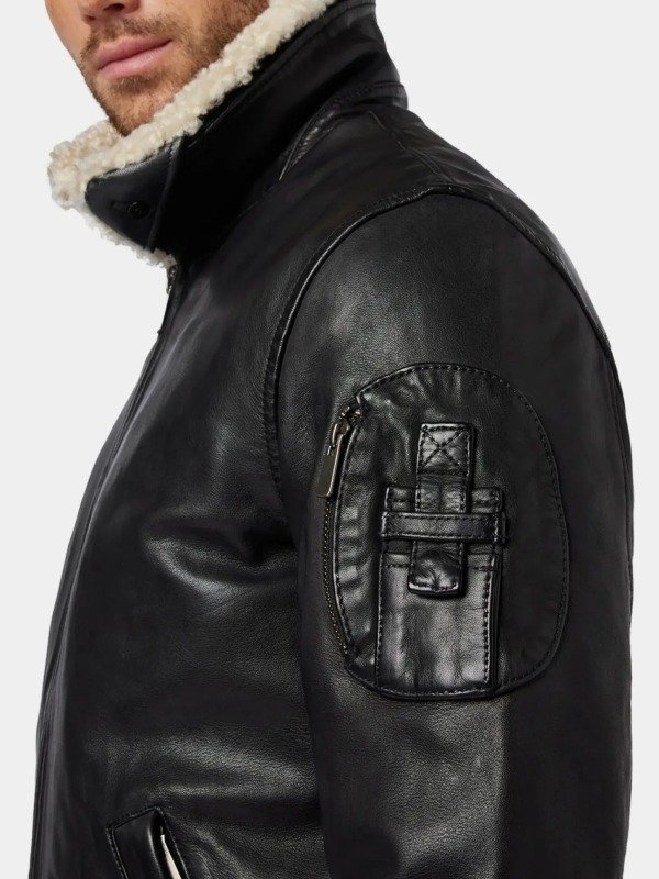 Black Shearling Collar Leather Bomber Jacket For Men Black Shearling Collar Leather Bomber Jacket For Men