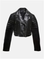 Black Women's Asymmetrical Cropped Leather Jacket