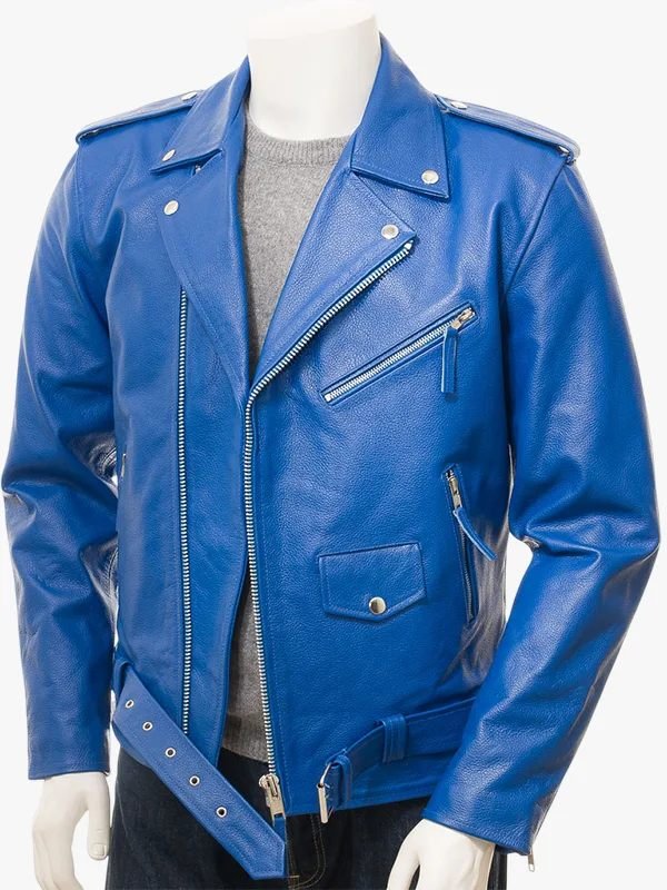 Blue Leather Biker Jacket
