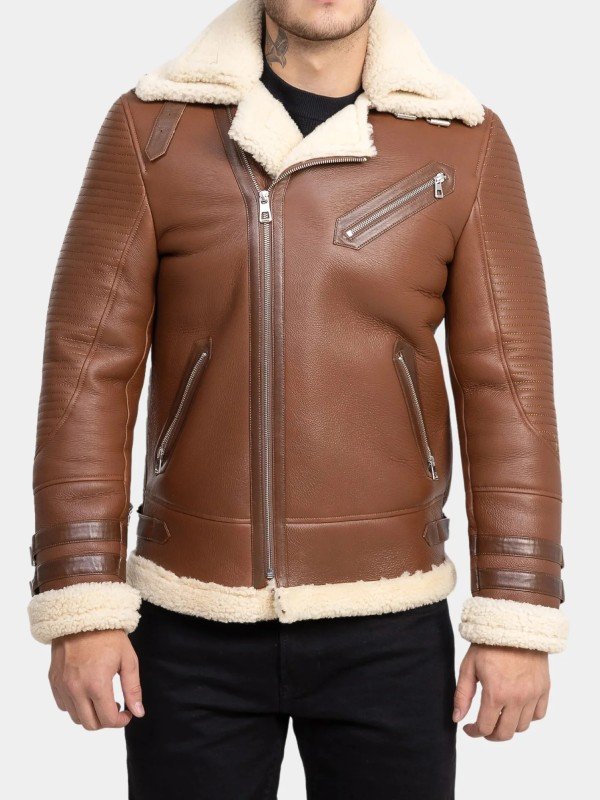 Brown Leather Sheepskin Shearling Aviator Jacket Men Brown Leather Sheepskin Shearling Aviator Jacket Men