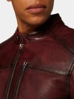 Classic Maroon Leather Cafe Racer Jacket
