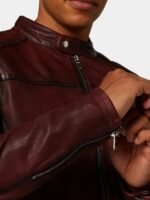 Classic Maroon Leather Cafe Racer Jacket For Men's