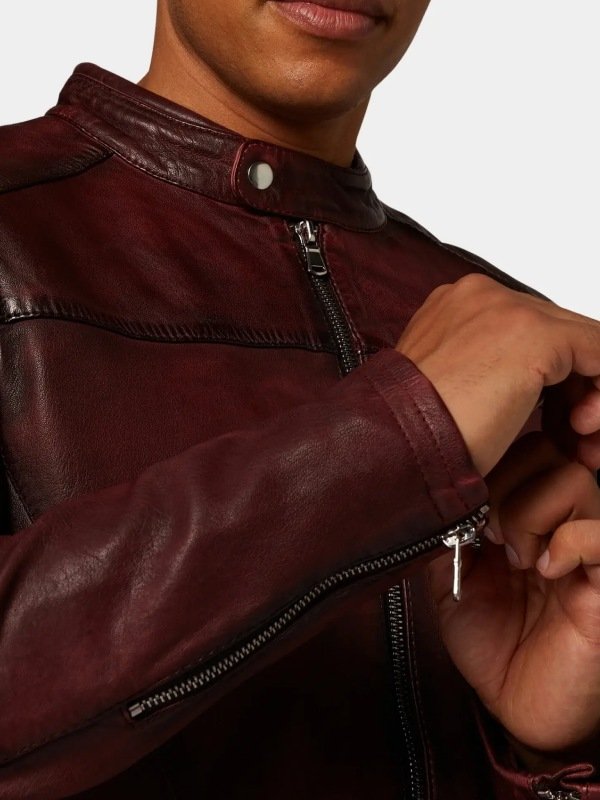 Classic Maroon Leather Cafe Racer Jacket For Men's Classic Maroon Leather Cafe Racer Jacket For Men's