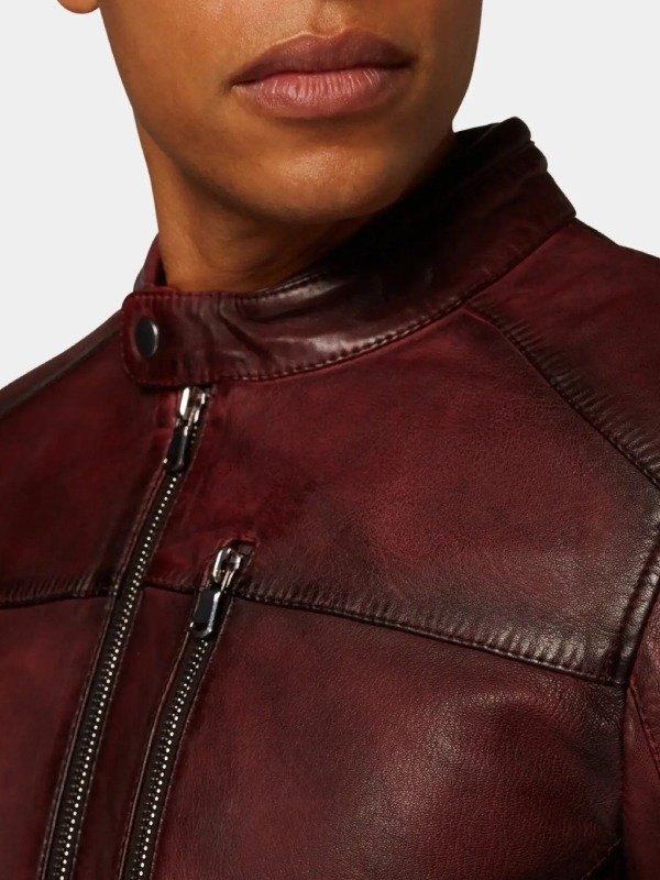 Classic Maroon Leather Cafe Racer Jacket Classic Maroon Leather Cafe Racer Jacket
