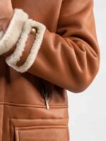 Classic Tan Brown Leather Hooded Shearling Trench Coat
