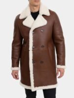 Dark Brown Leather Double Breasted Shearling Trench Coat
