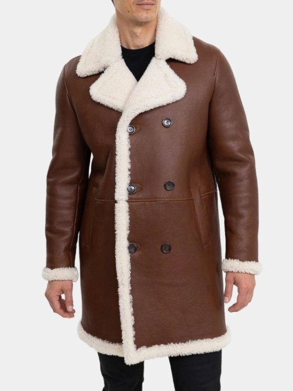 Dark Brown Leather Double Breasted Shearling Trench Coat Dark Brown Leather Double Breasted Shearling Trench Coat