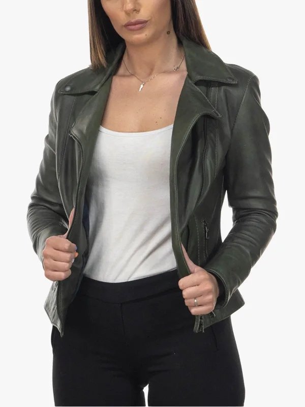 Green Leather Zipper BIker Jacket for Women Green Leather Zipper BIker Jacket for Women