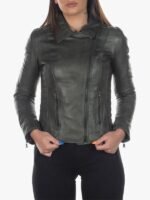 Green Zipper Biker Leather Jacket for Womens