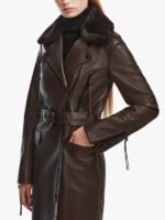 Leather Trench Coat with Shearling Collar For Women's