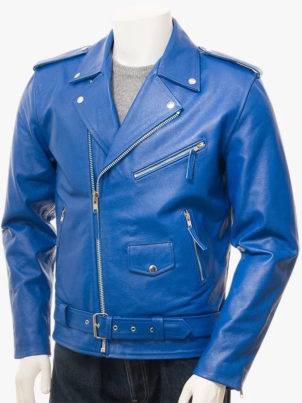 Men Blue Leather Biker Jacket