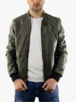 Men Green Bomber Leather Jacket