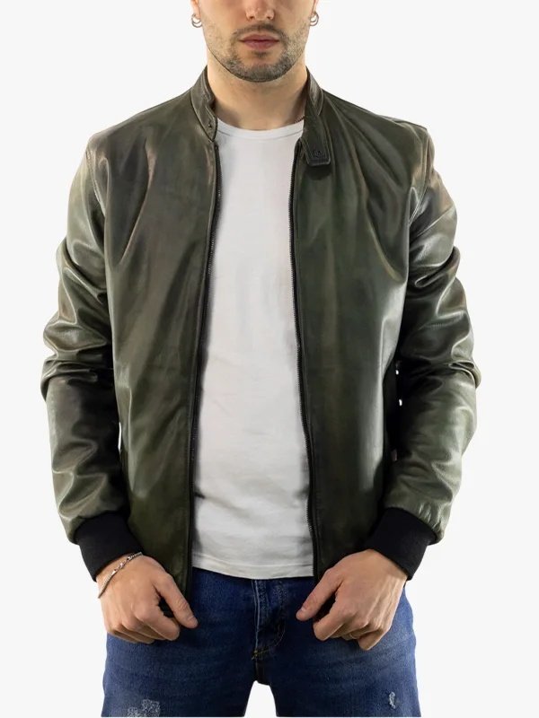 Men Green Bomber Leather Jacket