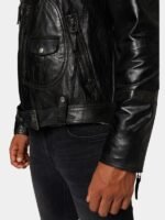 Men's Black Leather Biker Fur Collar Jacket Black