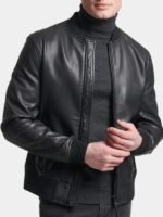 Men's Black Leather Bomber Jacket
