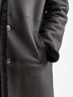 Mens Black Leather Shearling Long Trench Coat