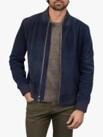Men's Blue Suede Bomber Jacket