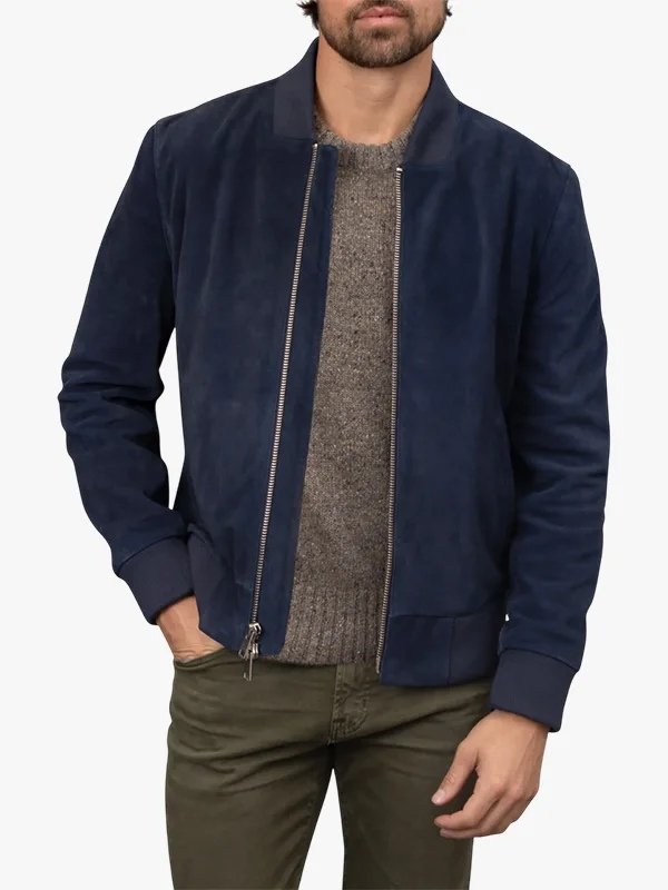 Men's Blue Suede Bomber Jacket