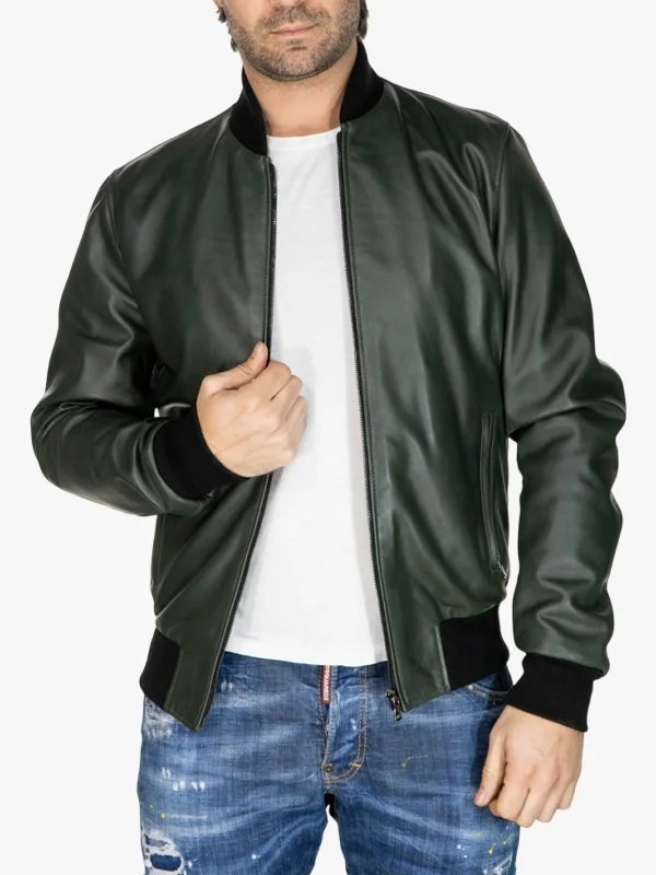 Men’s Bomber Leather Jacket Green Men’s Bomber Leather Jacket Green