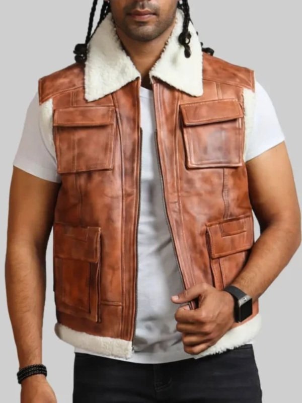 Men’s Brown Shearling Collar Leather Vest
