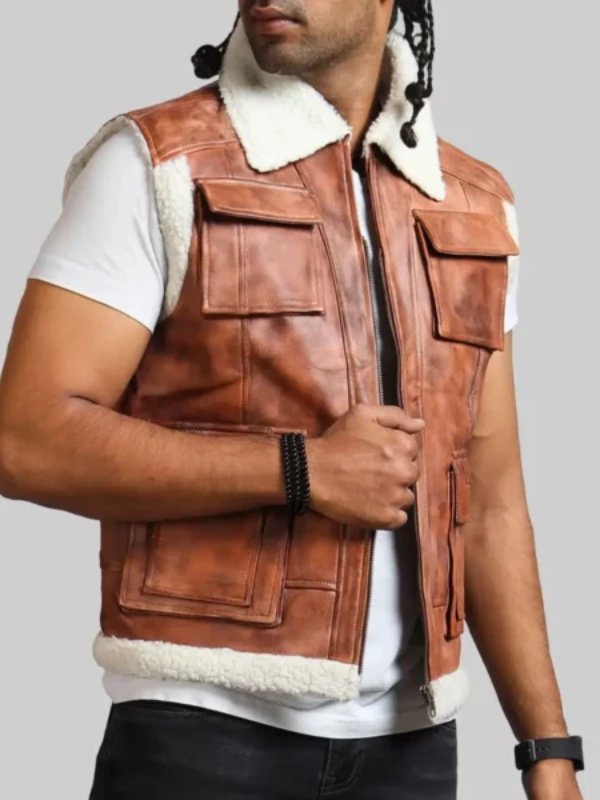 Men’s Brown Shearling Collar Vintage Leather Vest