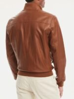 Men's Buttoned Brown Leather Bomber Jacket