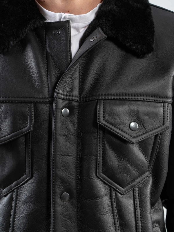 Mens Classic Black Leather Shearling Trucker Jacket Mens Classic Black Leather Shearling Trucker Jacket