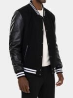 Mens Classic Black Wool & Leather Bomber Jacket