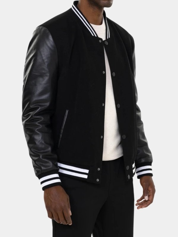 Mens Classic Black Wool & Leather Bomber Jacket Mens Classic Black Wool & Leather Bomber Jacket