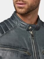 Men's Classic Blue Leather Cafe Racer Jacket