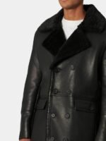 Mens Classic Double Breasted Black Leather Shearling Coat