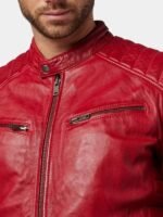 Mens Classic Red Leather Cafe Racer Jacket