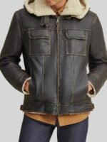 Mens Classic Shearling Hooded Leather Aviator Jacket